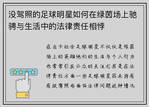没驾照的足球明星如何在绿茵场上驰骋与生活中的法律责任相悖